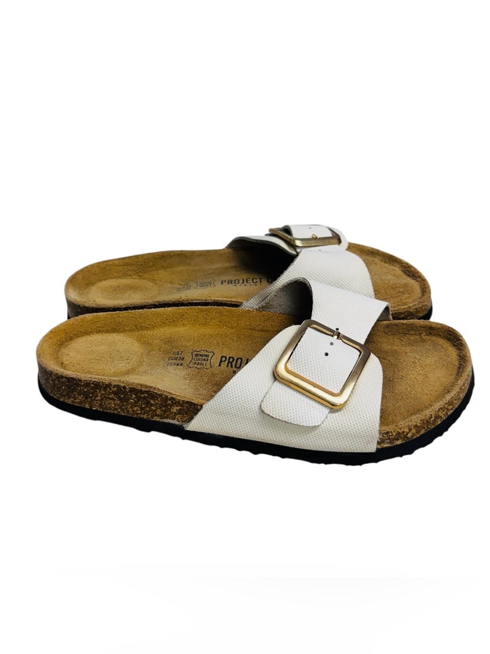 Project Cloud Women’s Cream Single-Band Slide Sandals with Gold Buckle US 7